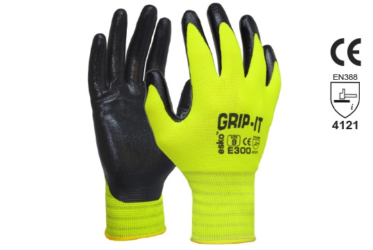 GRIP-IT Black nitrile palm coating with Hi-vis nylon liner, Size 7 - Esko