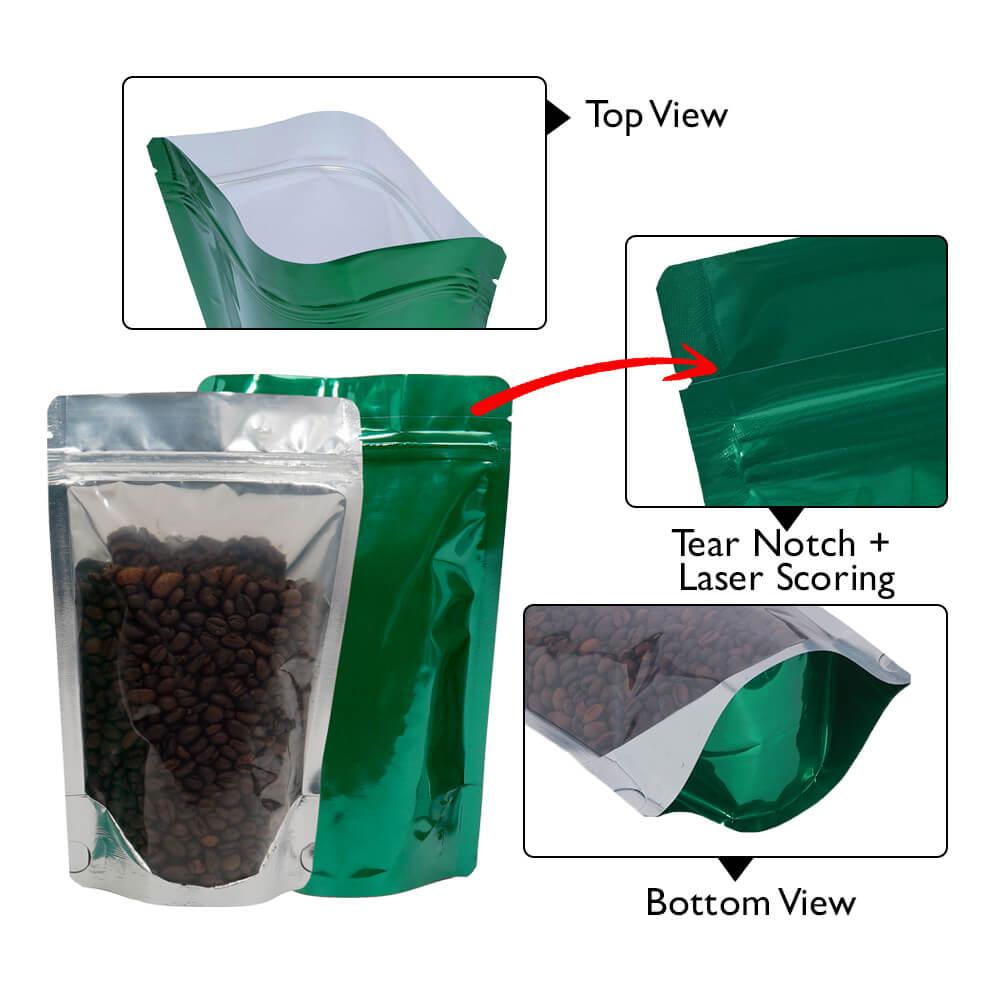 Stand Up Pouch Clear/Shiny Green 250g w Zip no Valve 160w x 230h x (45 + 45)g