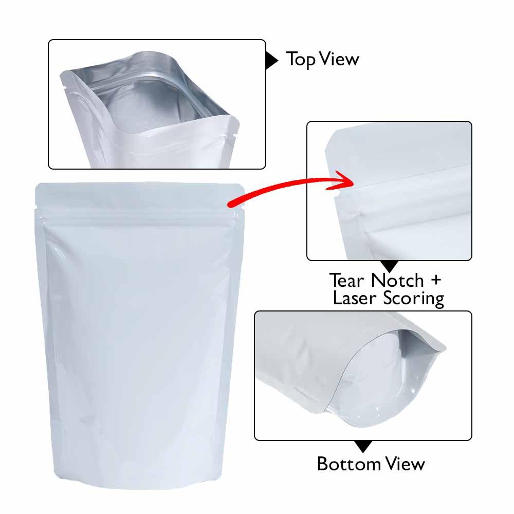 Stand Up Pouch 150g Shiny White both sides with Zip no Valve 130w x 210h x (40 + 40)g